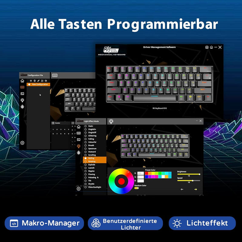 RK61 Mechanische Gaming-Tastatur, 2,4 GHz Kabellose/Bluetooth/Verkabelte 60% Mechanische Tastatur 61