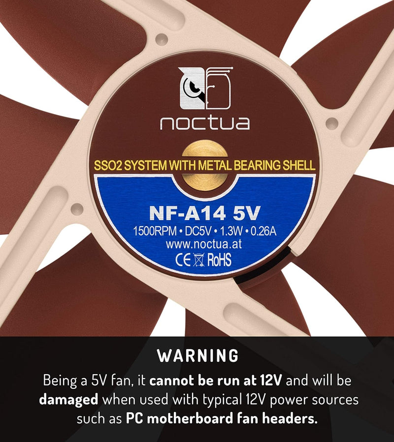 Noctua NF-A14 5V, Leiser Premium-Lüfter mit USB Stromadapterkabel, 3-Pin, 5V Version (140mm, Braun)