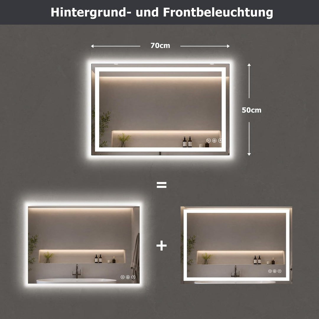 XRAMFY Badspiegel mit Beleuchtung 50x70cm mit Anti-Beschlag, IP65 Wassergeschützt, Spiegel mit Beleu