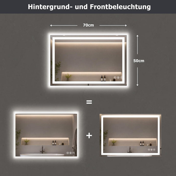 XRAMFY Badspiegel mit Beleuchtung 50x70cm mit Anti-Beschlag, IP65 Wassergeschützt, Spiegel mit Beleu