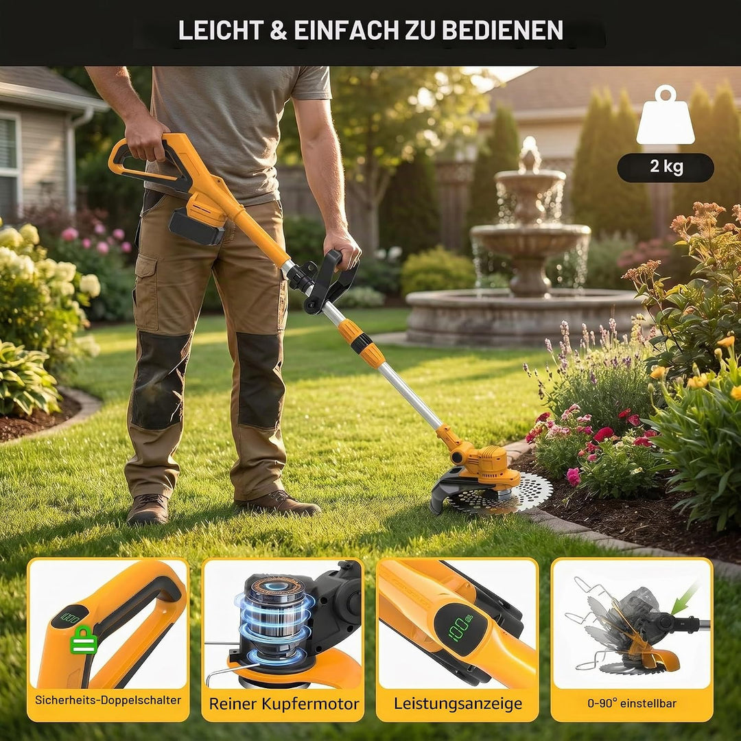 Fiutazge 4 in 1 Rasentrimmer mit Akku,Akku Rasentrimmer Mit 2X4.0AH Akkus und Unkrautbürste,Abnehmba