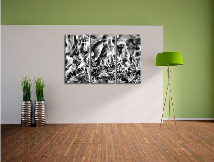 Pixxprint Gemütliches Holz im Feuer als Leinwandbild/Grösse: 3 Teilig (120x80) cm/Wandbild/Kunstdruc