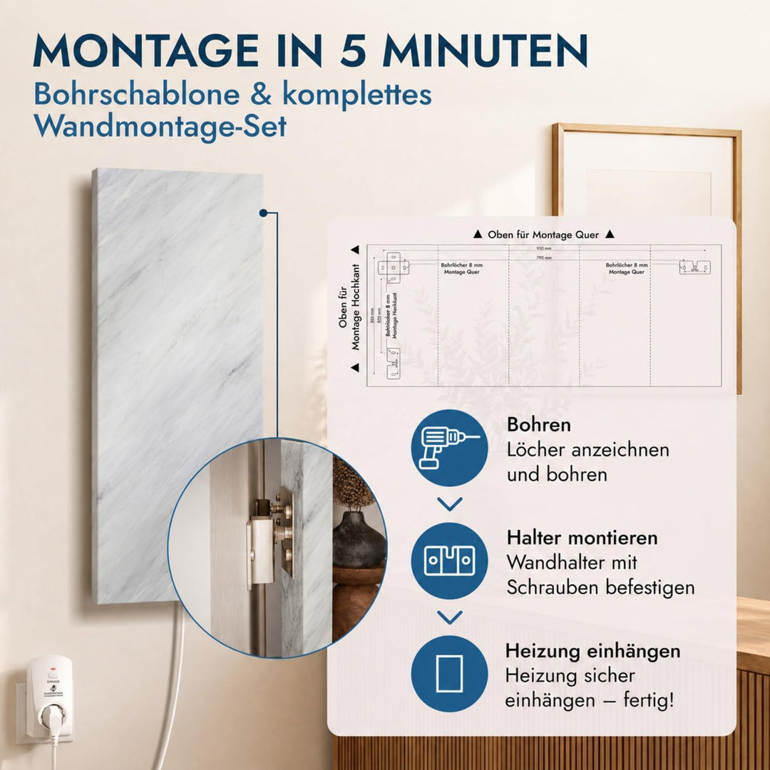 Marwona Naturstein Infrarotheizung 800 Watt mit Digitalthermostat I Energiesparende Infrarot Wandhei