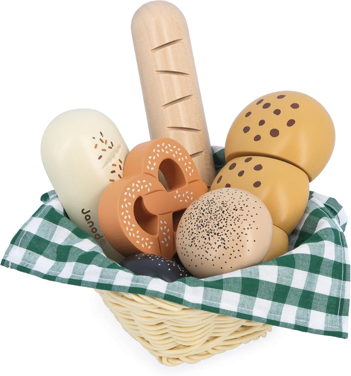 Janod - Holz Bäckereikorb - Viennoiseries Korb - 6 Realistische Dinette Zubehör - Ideale Ergänzung z