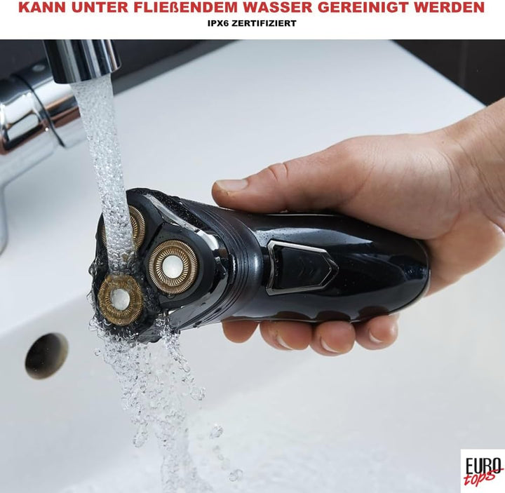 EUROtops Herren Elektro-Rasierer mit 3 Scherköpfen – LC-Display/Lade-Station, Kabelloser Nass- / Tro
