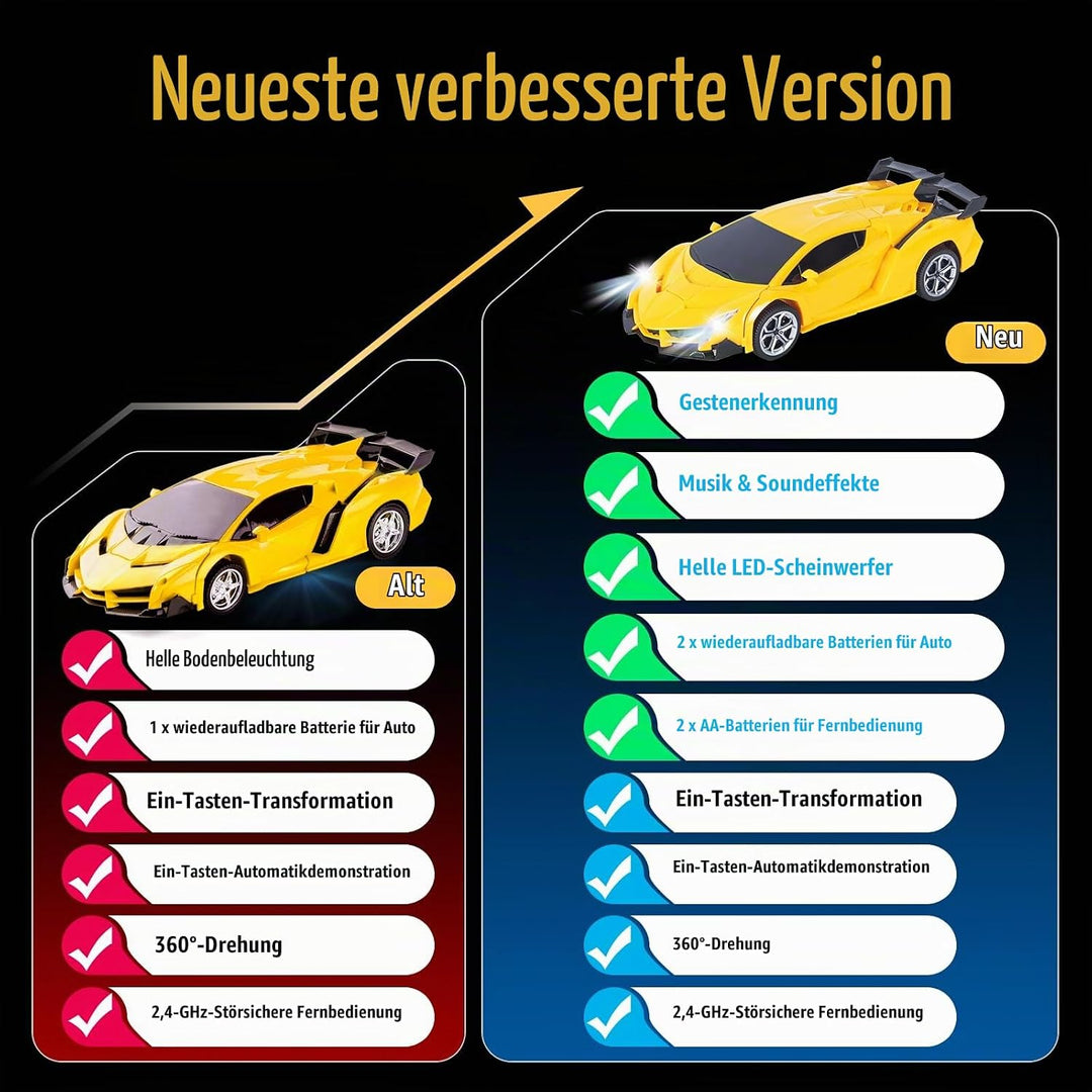 Ferngesteuertes Transformator Auto mit Gestenerfassung, Licht und Musik, 2.4GHz 360° Drehung 1:18 RC