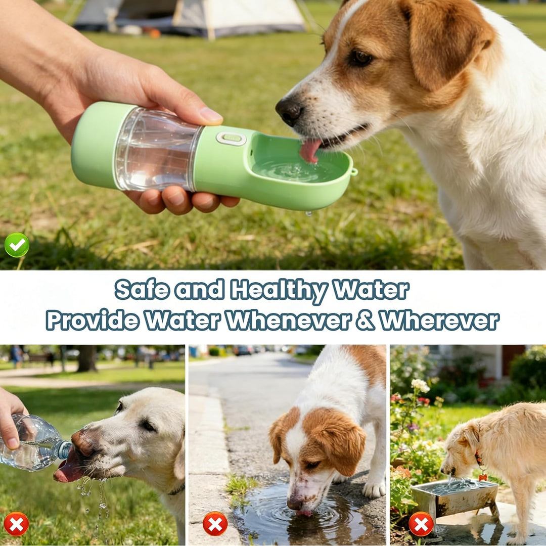 Trinkflasche Hunde für Unterwegs mit Futterbehälter 258 ml, Grün | BPA-Freiem, Tragbare Hundetrinkfl