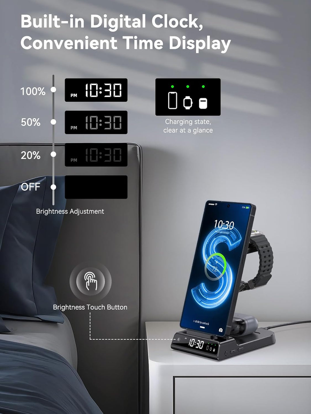 Wireless Charger für Samsung Galaxy S25 Ultra, Induktive Ladestation mit Digitaluhr für Samsung Gala
