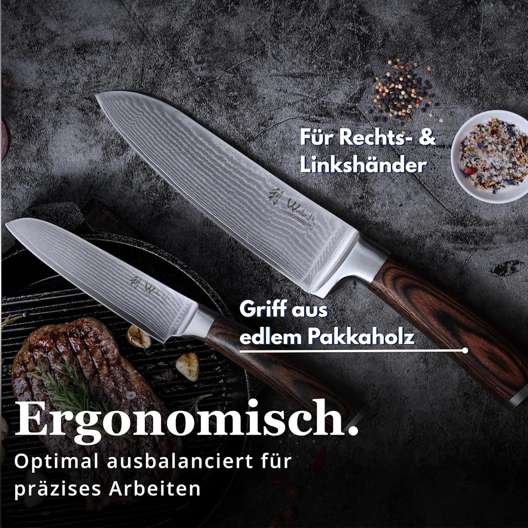 Wakoli Edib 2er Damastmesser-Set mit extrem scharfen Klingen von 12-17 cm Länge gefertigt aus 67 Lag