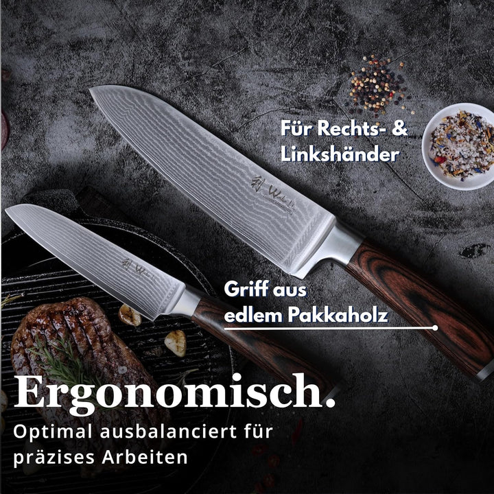 Wakoli Edib 2er Damastmesser-Set mit extrem scharfen Klingen von 12-17 cm Länge gefertigt aus 67 Lag