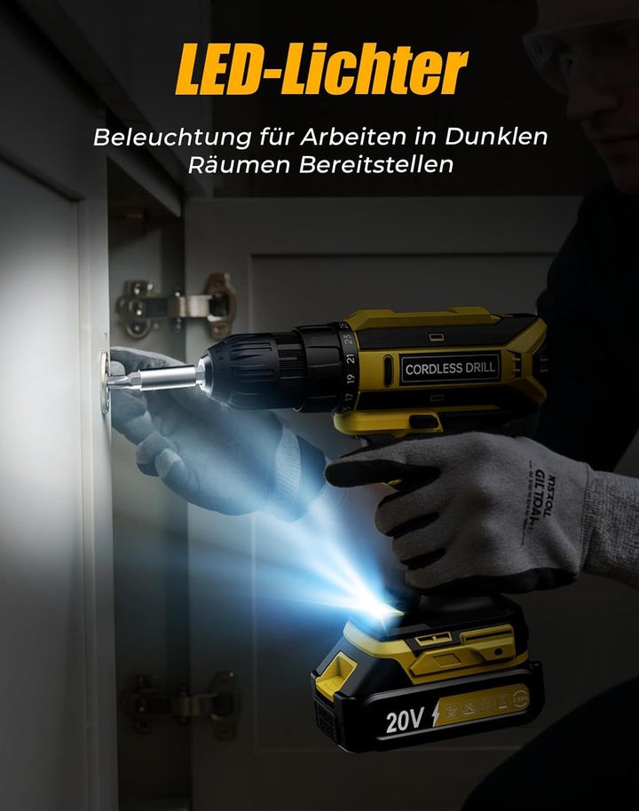 Akkuschrauber, 20V Akku Bohrschrauber, 25+1 Drehmomentstufen Akkubohrer, 42Nm Max Drehmoment, LED-Li