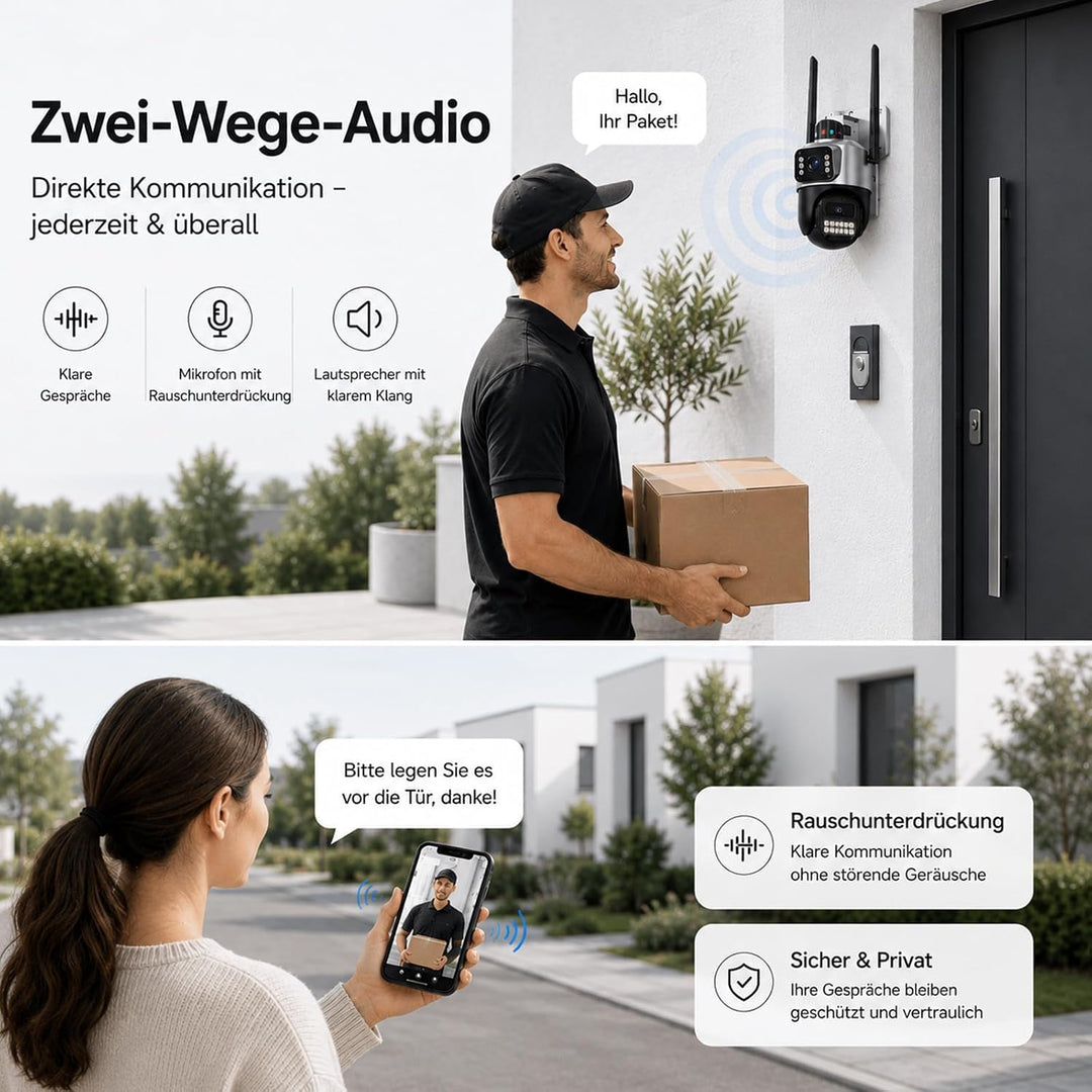Überwachungskamera Aussen, 6MP Dual-Lens WLAN, 2.4/5 GHz | Kamera mit Grossem Sichtfeld und Schwenk/