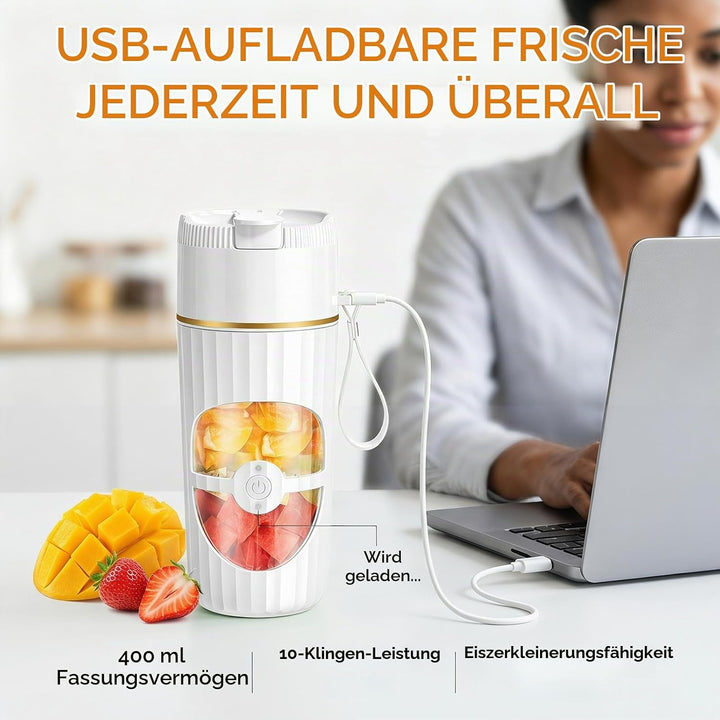 Tragbarer Mixer Smoothie Maker 400ml, Mini Standmixer mit 10 Edelstahlklingen, USB-C Wiederaufladbar