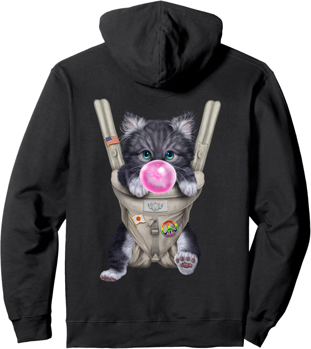 Graue Katze mit Kaugummi in der Babytrage Pullover Hoodie