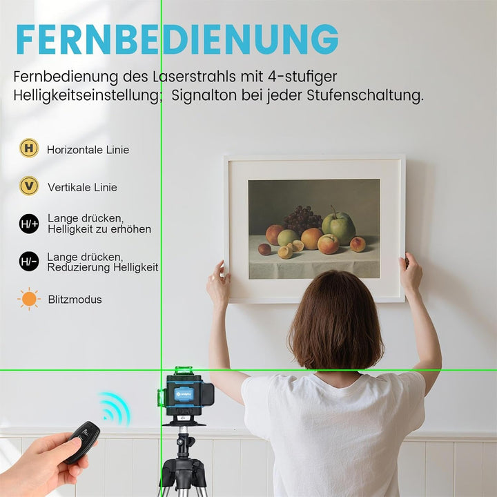 Kreuzlinienlaser mit Stativ, 4 x 360 ° Grün Laser Wasserwaage Selbstnivellierend 4D 16 Linienlaser f