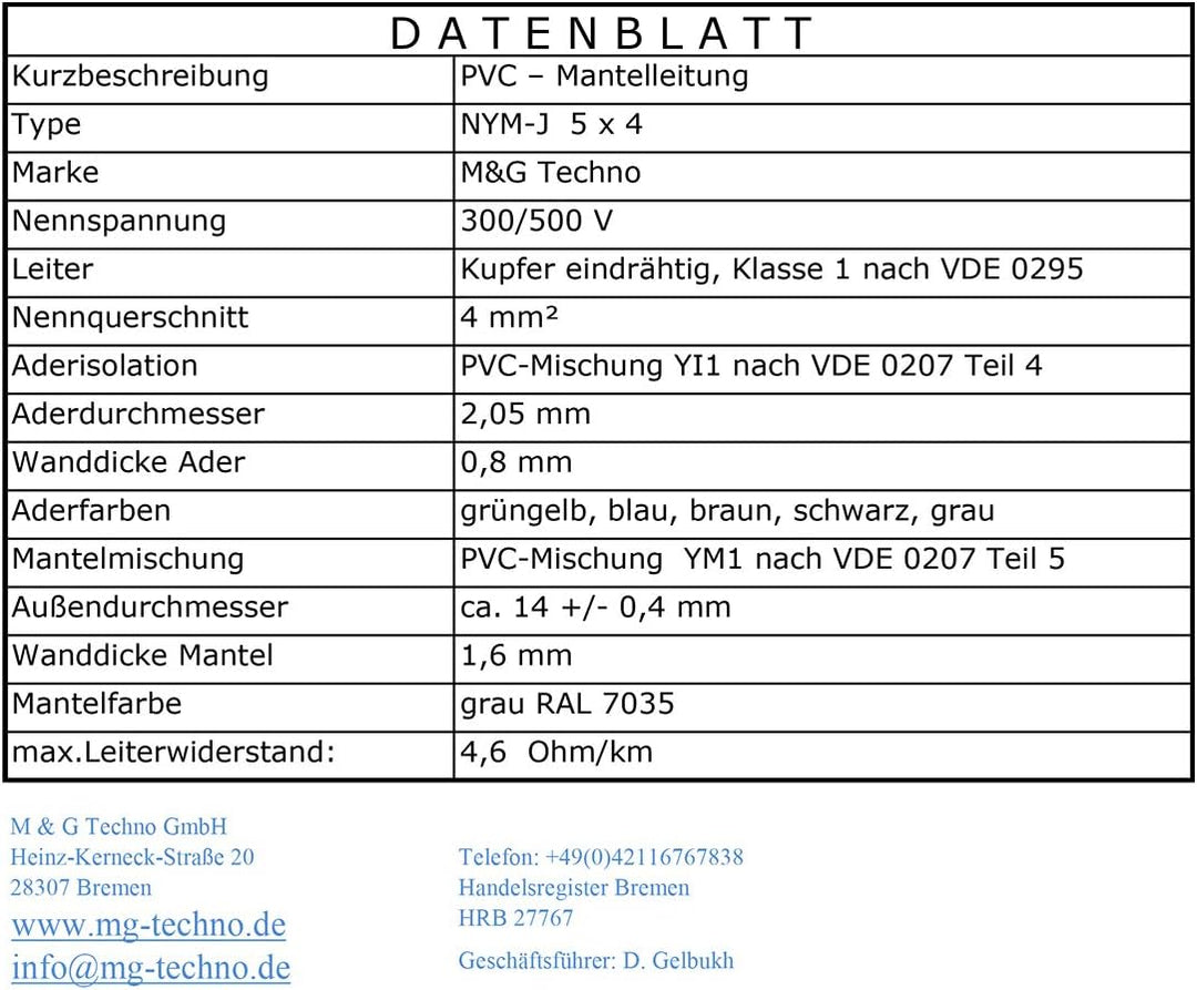 OKSI 5m NYM-J 5x4 mm² Mantelleitung Feuchtraumkabel Elektrokabel Kupfer Made in Germany, 5m NYM-J 5x