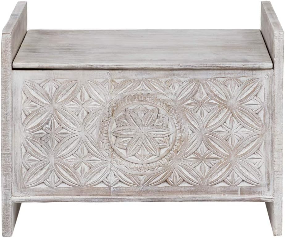 Woodkings® Sitzbank Mackay, Mangoholz massiv, Flurmöbel Vintage weiss, Schuhschrank, Truhe, Holzbank