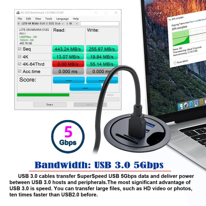 chenyang USB 3.0 Unterputz Desktop Hub,2 USB 3.0 Port/1 USB C Port Hub Tüllenloch 2,36 Zoll (60 mm)