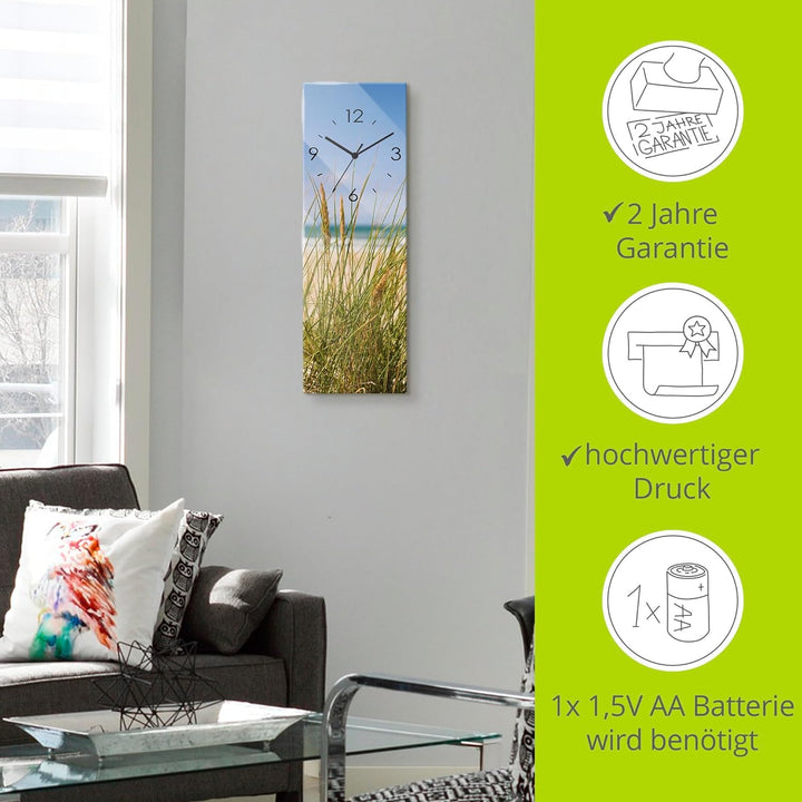 ARTLAND Wanduhr ohne Tickgeräusche Glas Funkuhr 20x60 cm Rechteckig Lautlos Strand Ostsee Meer Lands