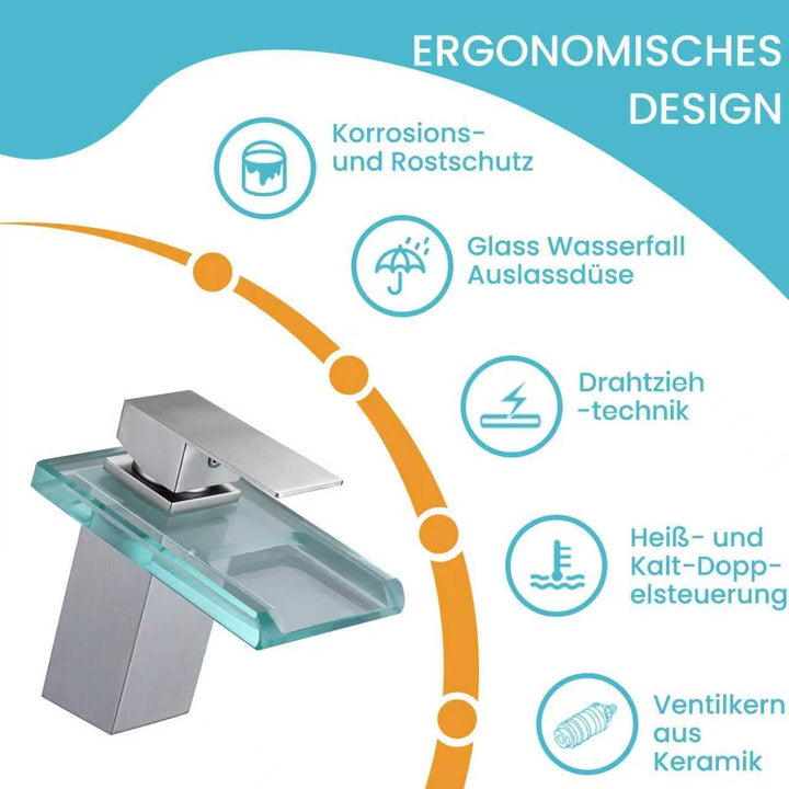Wasserhahn Bad,Wasserfall Armatur Badezimmer Glas,Einhand-Waschtischarmatur,Gebürstet, Gebürstet