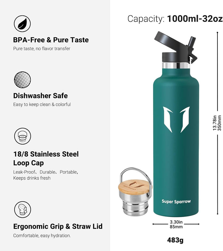 Super Sparrow Trinkflasche Edelstahl - 350ml/500ml/620ml/750ml/1L - Auslaufsicher Thermoskanne, BPA-