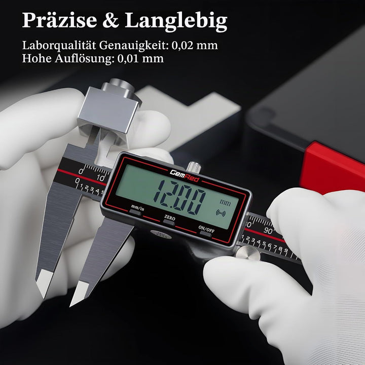 GemRed Digitaler Messschieber 150 mm, Kabelloser Edelstahl Messschieber mit Grossem LCD-Display, Sch
