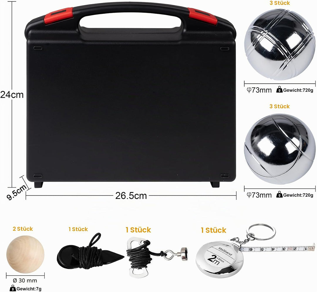 Boule Set 6/8 Metallkugeln mit Hartschalenkoffer–Petanque &amp; Boccia Spiel mit Zielkugel, Abstandsmess