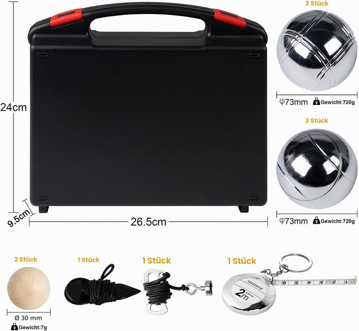 Boule Set 6/8 Metallkugeln mit Hartschalenkoffer–Petanque &amp; Boccia Spiel mit Zielkugel, Abstandsmess