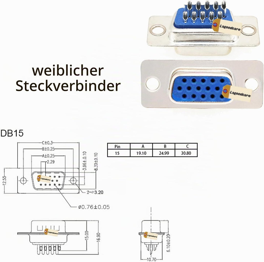 Lsgoodcare RS232-paralleler serieller Anschluss Db15-15 Pin D Sub männlicher weiblicher Lötstecker u