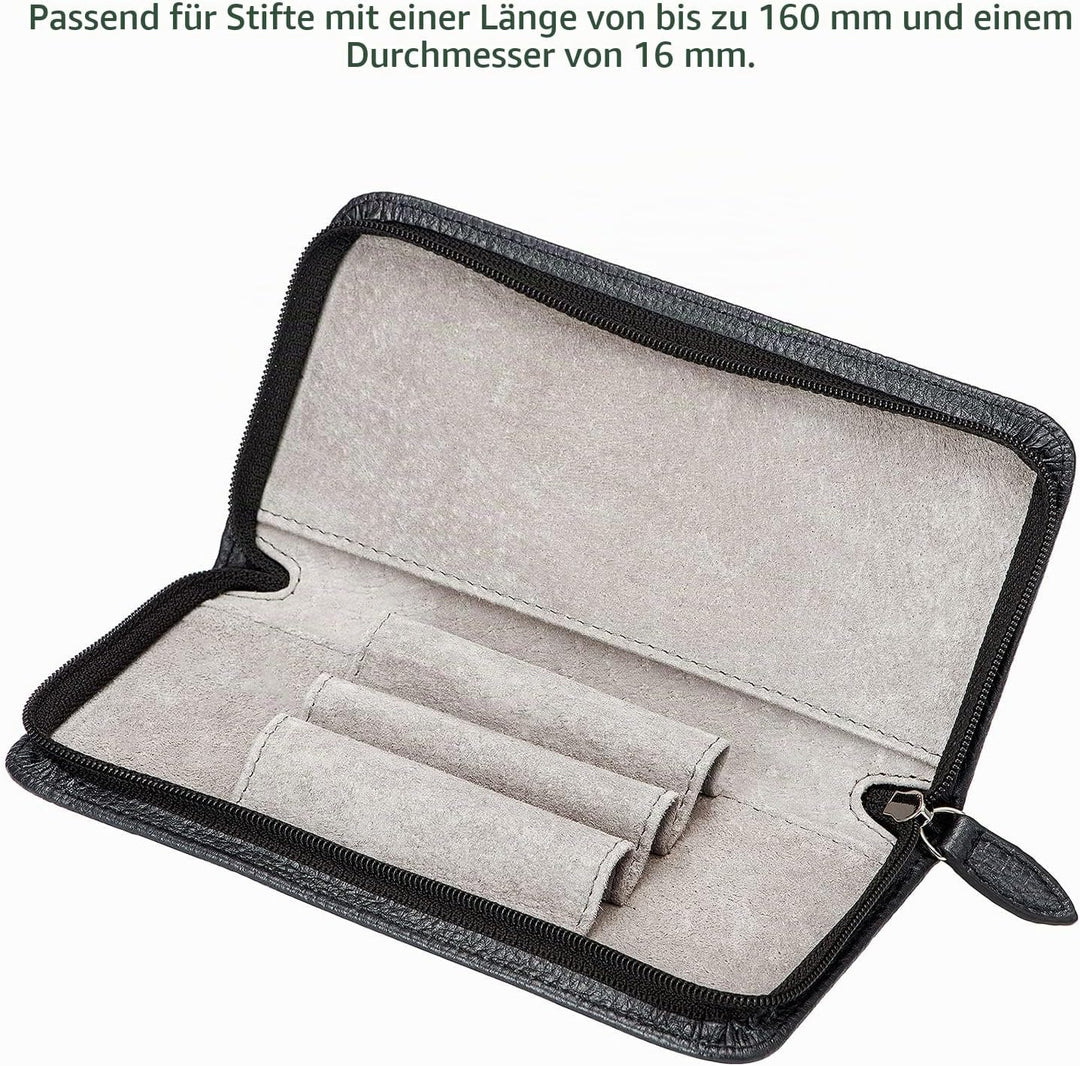Schwarzes Füllfederhalteretui aus echtem Leder, 3 Geteilte Schlitze, Stiftetui mit Reissverschluss,