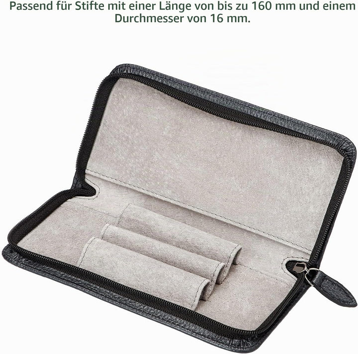 Schwarzes Füllfederhalteretui aus echtem Leder, 3 Geteilte Schlitze, Stiftetui mit Reissverschluss,