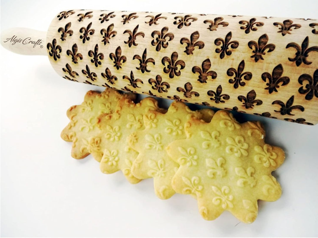 FLEUR DE LIS Nudelholz. Teigroller mit Oriental Blume für Teig & Plätzchen, Kuchen & Gebäck. Gravier