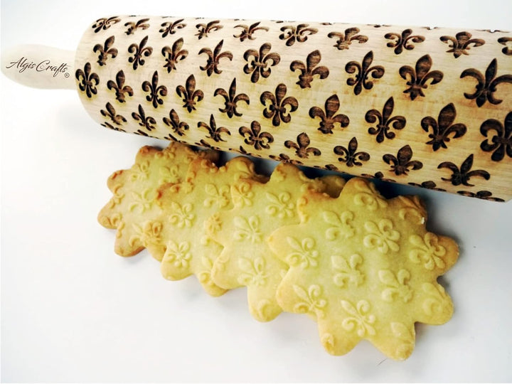 FLEUR DE LIS Nudelholz. Teigroller mit Oriental Blume für Teig & Plätzchen, Kuchen & Gebäck. Gravier