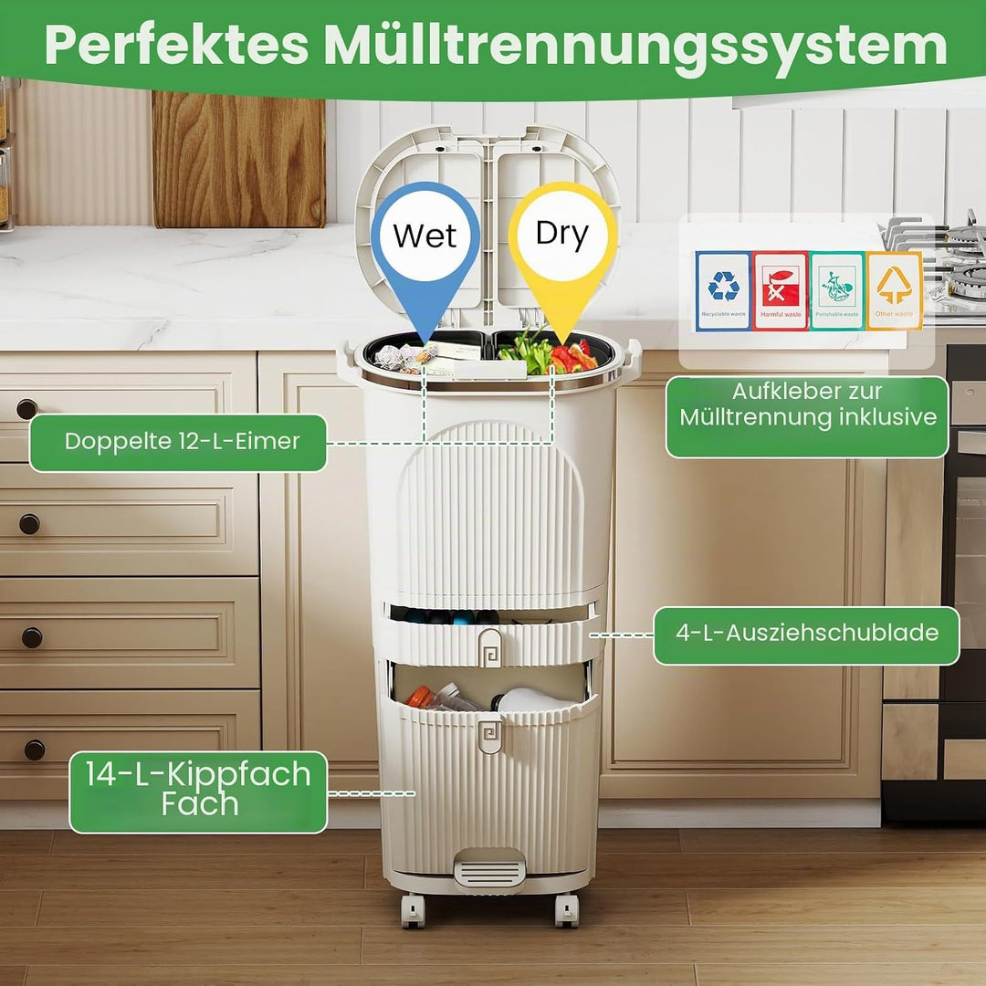 GIANTEX Mülleimer Küche 42 L, Mülltrennsystem 3 Fächer & Schublade, Abfalleimer mit Rollen, Küchenmü