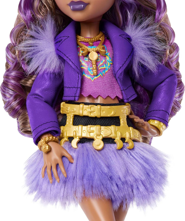 Monster High-Puppe, Clawdeen Wolf in violetter Moto-Jacke und Fellrock mit Wolfsjungem Crescent und