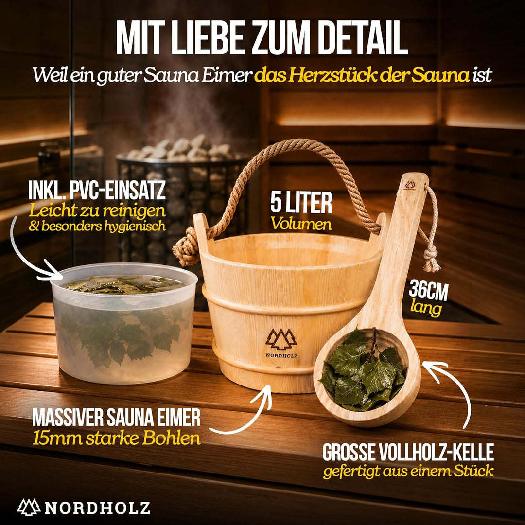NORDHOLZ® Sauna Eimer mit Kelle aus 100% nordischer Fichte - Hochwertiges Sauna Zubehör - Einsatz, H