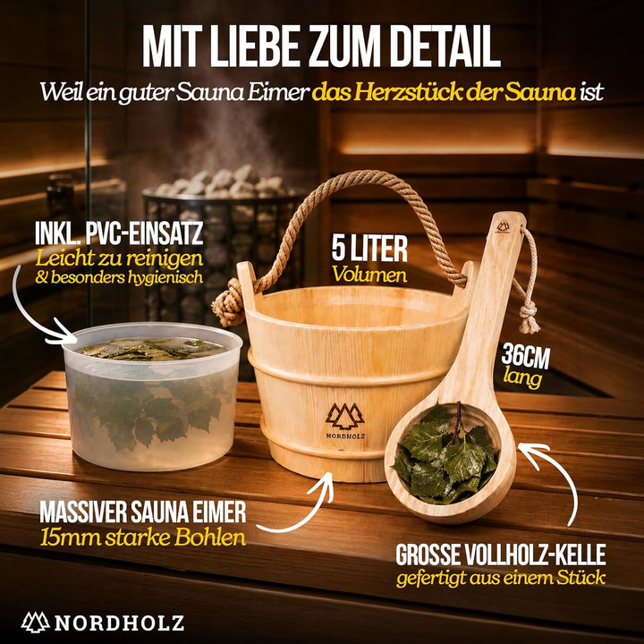 NORDHOLZ® Sauna Eimer mit Kelle aus 100% nordischer Fichte - Hochwertiges Sauna Zubehör - Einsatz, H