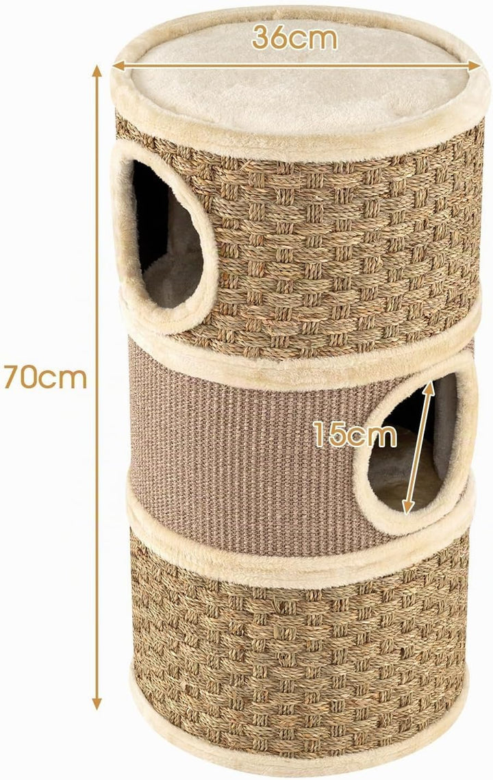 GOPLUS Kratztonne 3 Ebenen, 70 cm Katzentonne mit 3 Höhlen, Sisal-Kratzbrett, Plüschbett &amp; Seetangse