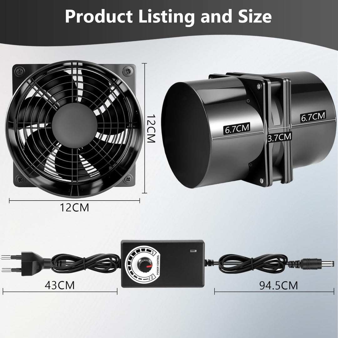Rohrventilator 100mm - Abluftventilator mit Geschwindigkeitsregler für Küche, Bad, WC, Gewächshaus &