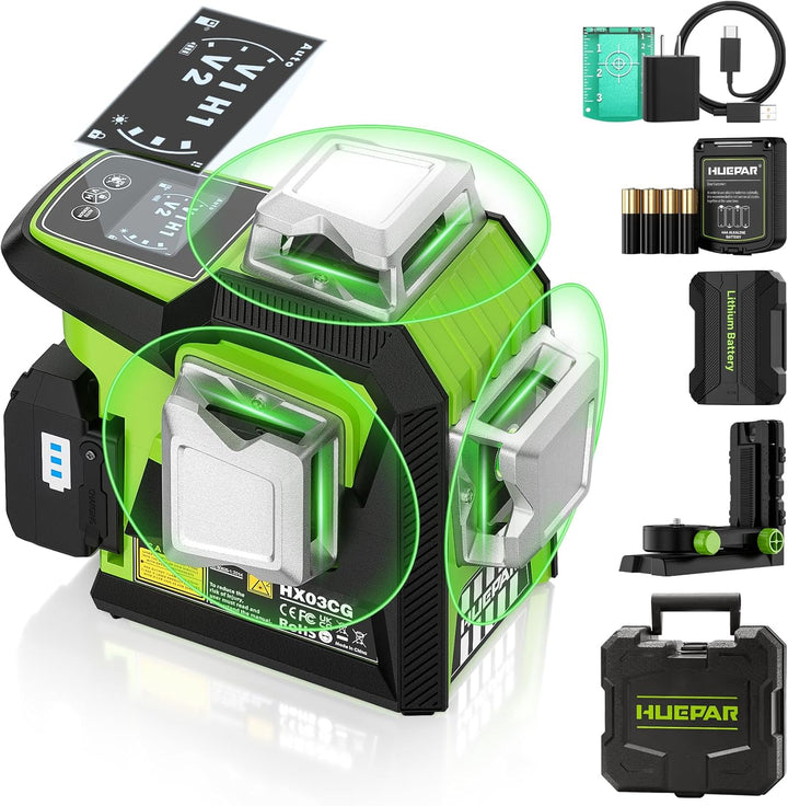 Huepar Laser-Wasserwaage, 3 x 360, selbstnivellierendes Laser-Werkzeug mit grünem Strahl, LCD-Bildsc