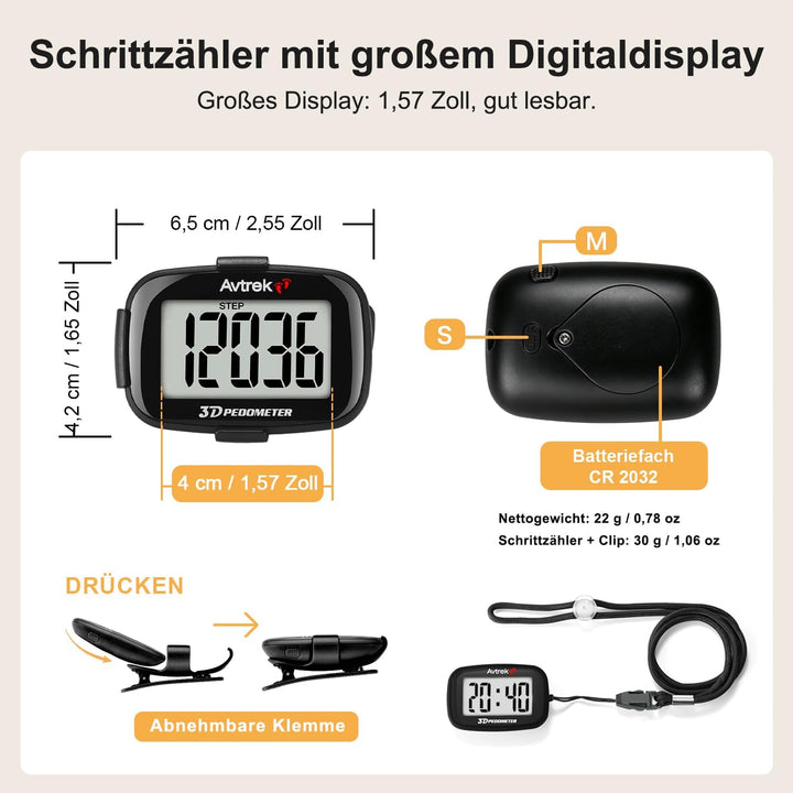 AVTREK Präziser 3D-Schrittzähler Mini-Schrittzähler für Walking oder Laufen im Freien Wanderaktivitä