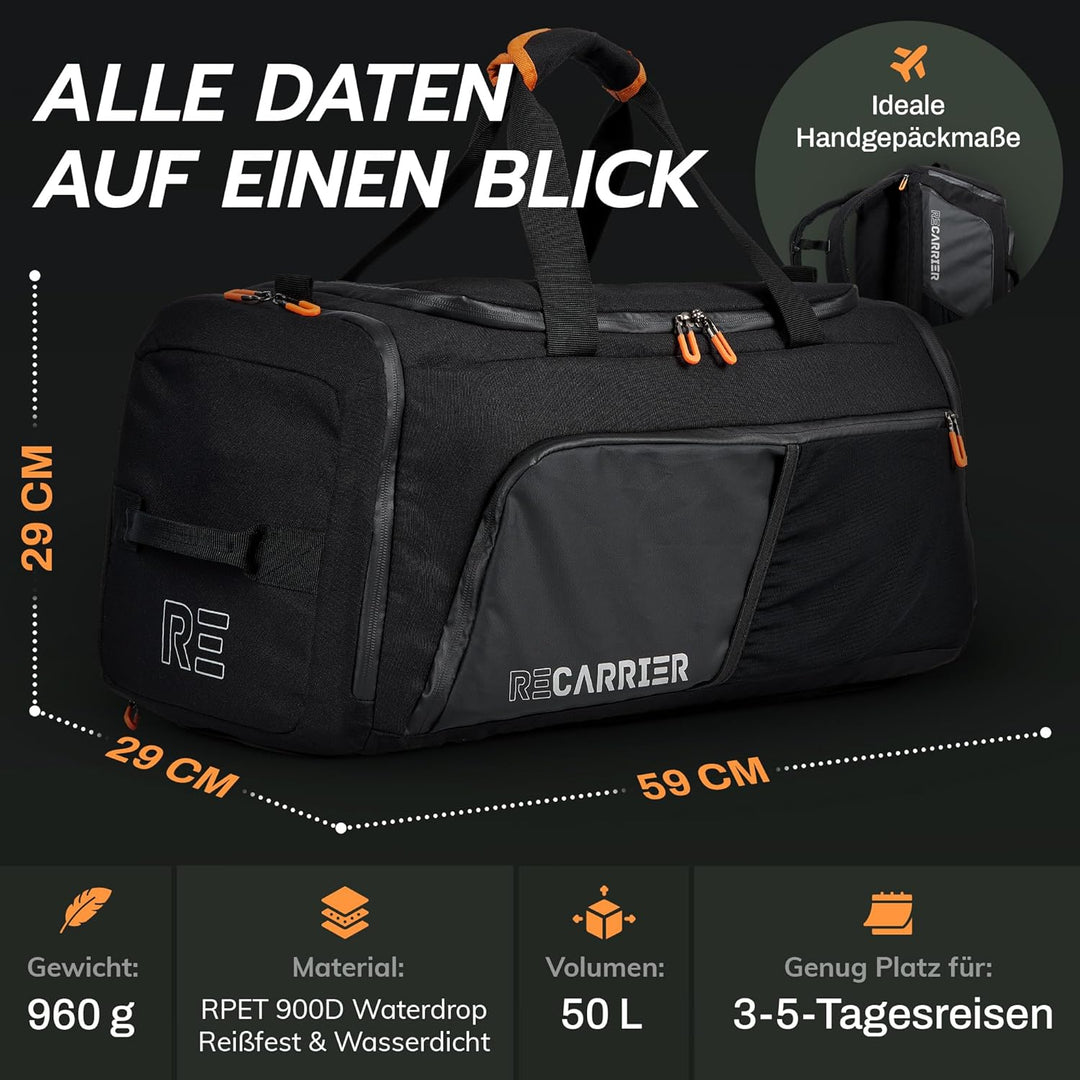 Sporttasche [RECYCELTES PET] 50L – Gym Bag und Rucksack in Einem – wasserdichte Trainingstasche Herr