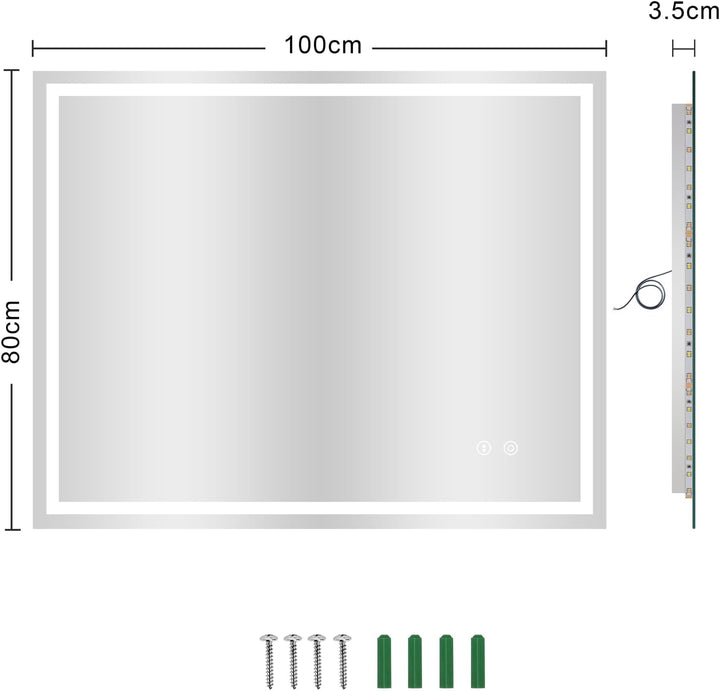 Dripex Badspiegel mit Beleuchtung Led Spiegel mit Touch-Schalter, Dimmbar, 3 Lichtfarbe Einstellbare