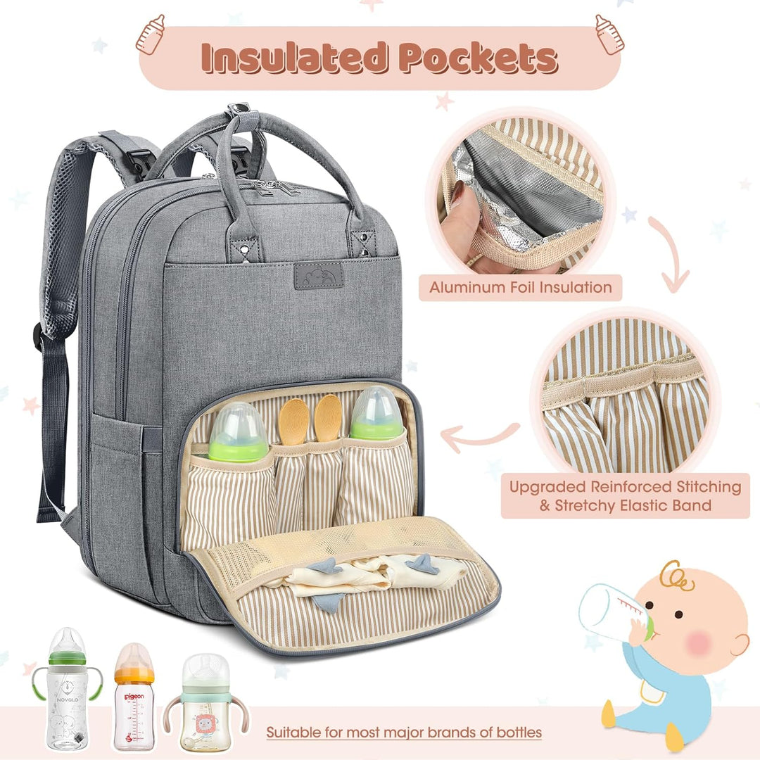 RAINSMORE Baby Wickelrucksack Gross Wickeltasche Rucksack mit Kinderwagengurten und Wickelunterlage