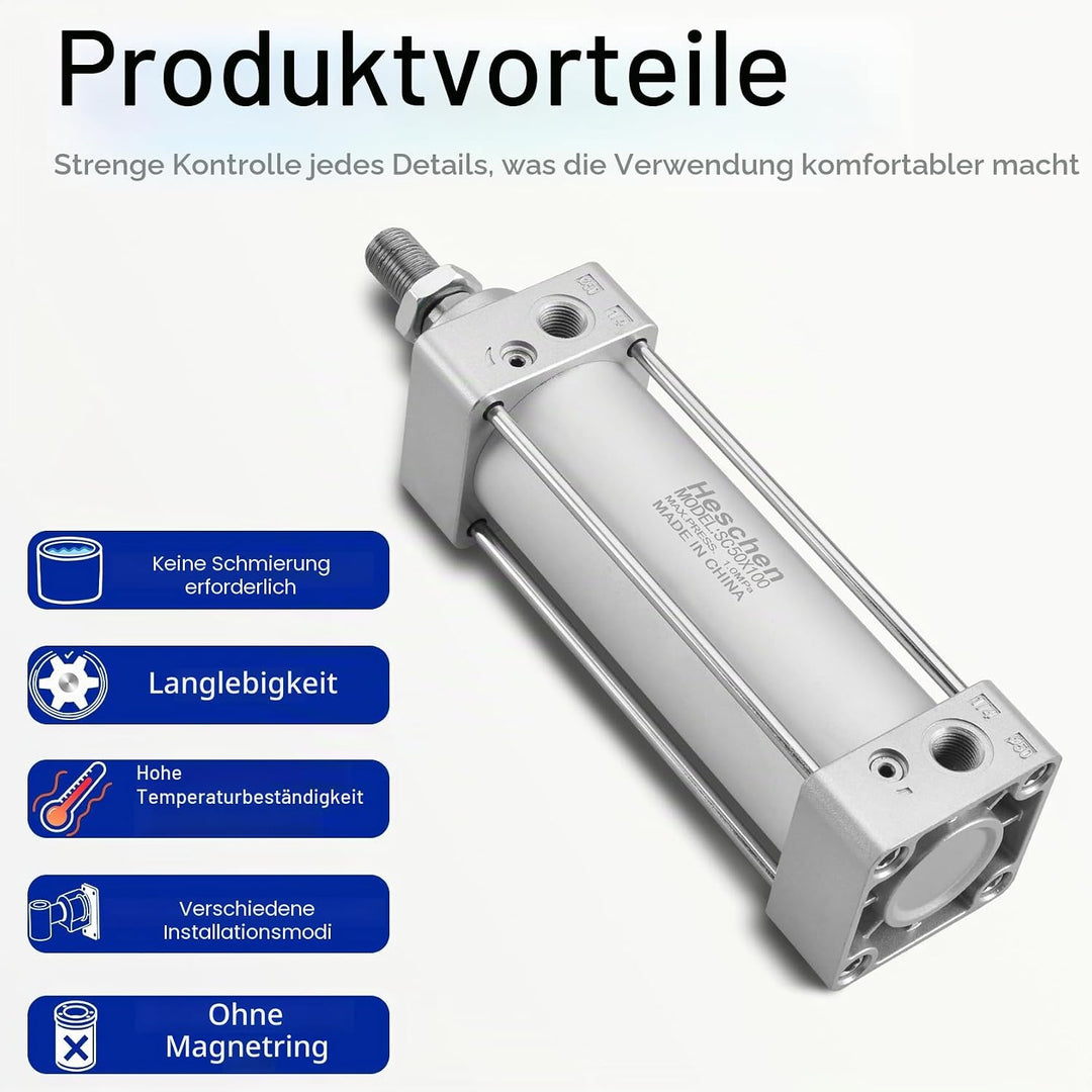 Heschen Pneumatischer Standard-Luftdruckzylinder, SC 50-100, PT1/4" Anschluss, 50mm Bohrung, 100mm H