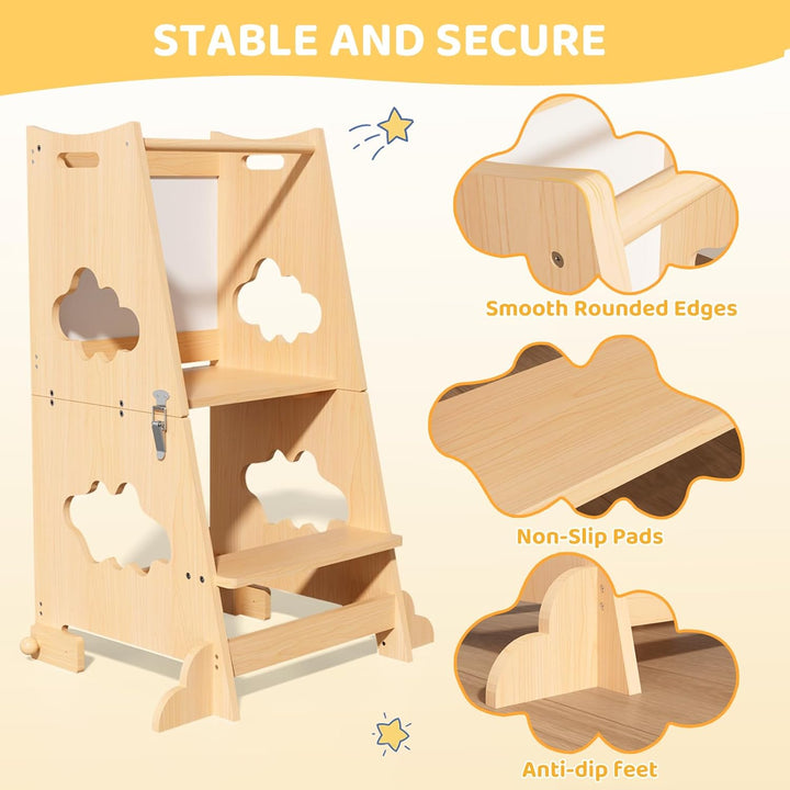 KIDINIX Lernturm ab 1 Jahr, 3 in 1 Montessori Learning Tower mit Sicherheitsgeländer und Tafel, Klap