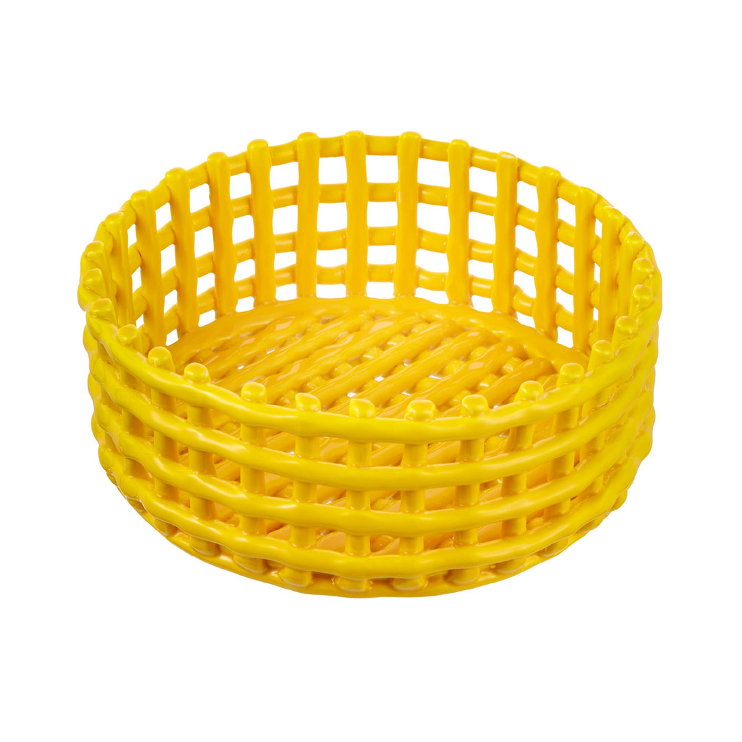 Baroni Home Mehrzweckkorb aus Keramik, Obstkorb, Tischdeko, Taschenleerer, rund, gelb, 21 x 21 x 9 c