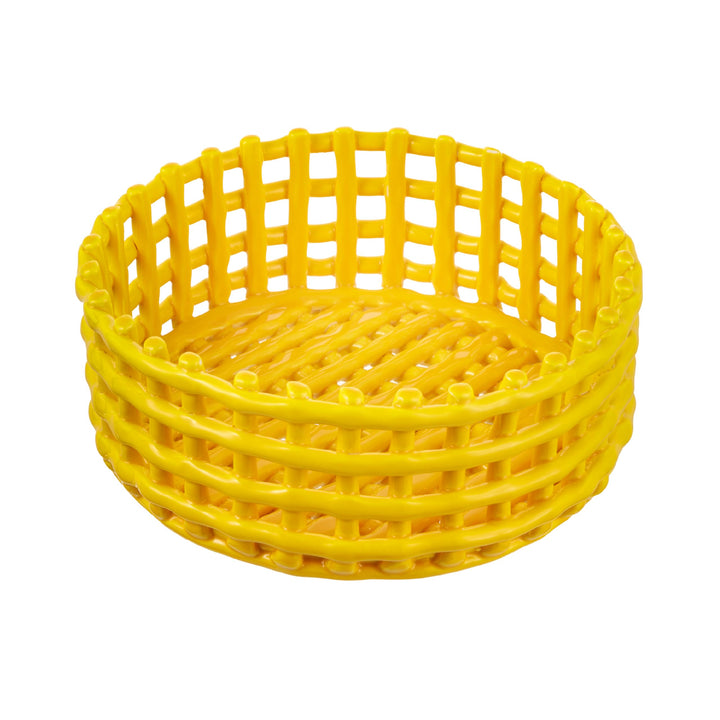 Baroni Home Mehrzweckkorb aus Keramik, Obstkorb, Tischdeko, Taschenleerer, rund, gelb, 21 x 21 x 9 c