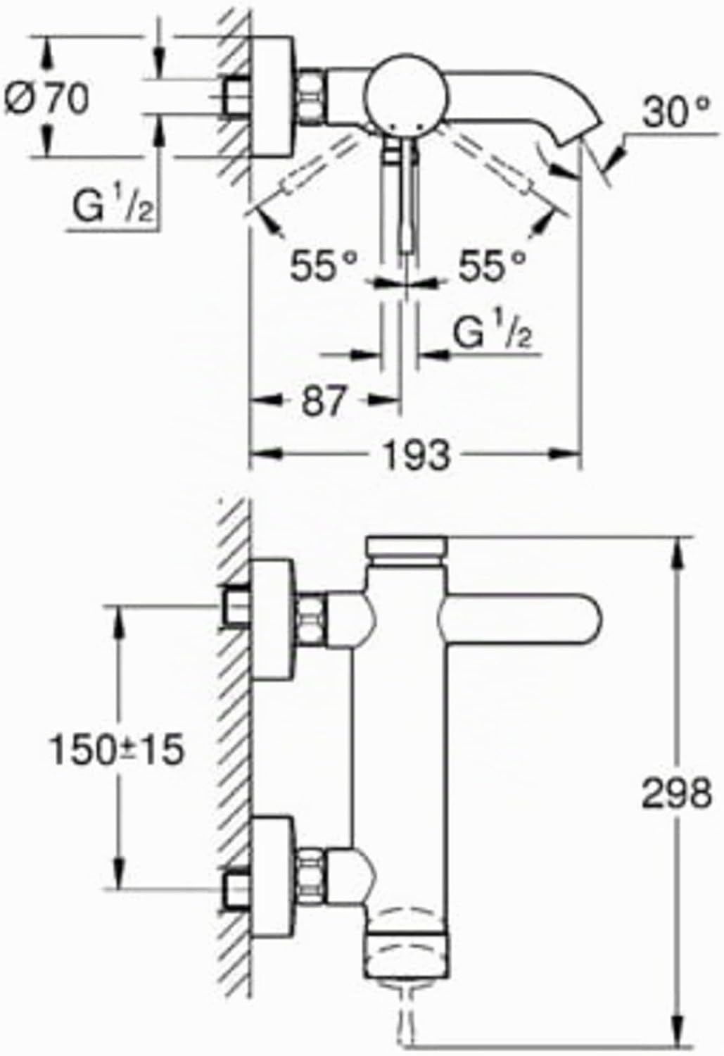 Essence Einhand-Wannenarmatur (S- Anschluss, mit Temperaturbegrenzer, automatische Umstellung, langl