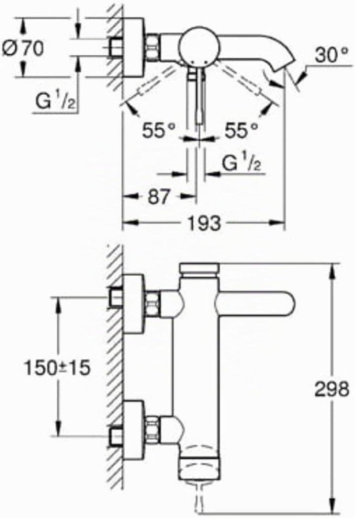 Essence Einhand-Wannenarmatur (S- Anschluss, mit Temperaturbegrenzer, automatische Umstellung, langl